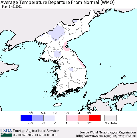 Korea Average Temperature Departure from Normal (WMO) Thematic Map For 5/3/2021 - 5/9/2021