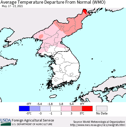 Korea Average Temperature Departure from Normal (WMO) Thematic Map For 5/17/2021 - 5/23/2021