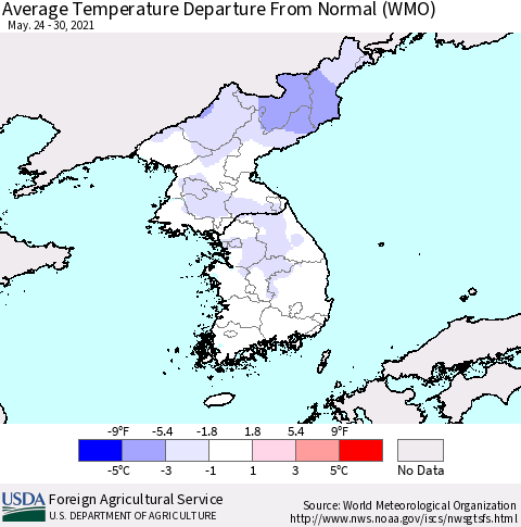 Korea Average Temperature Departure from Normal (WMO) Thematic Map For 5/24/2021 - 5/30/2021