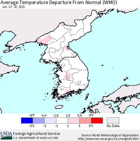 Korea Average Temperature Departure from Normal (WMO) Thematic Map For 6/14/2021 - 6/20/2021