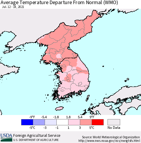 Korea Average Temperature Departure from Normal (WMO) Thematic Map For 7/12/2021 - 7/18/2021
