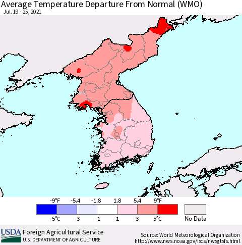Korea Average Temperature Departure from Normal (WMO) Thematic Map For 7/19/2021 - 7/25/2021