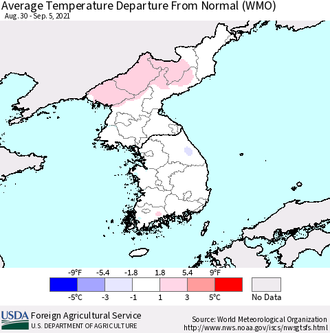 Korea Average Temperature Departure from Normal (WMO) Thematic Map For 8/30/2021 - 9/5/2021