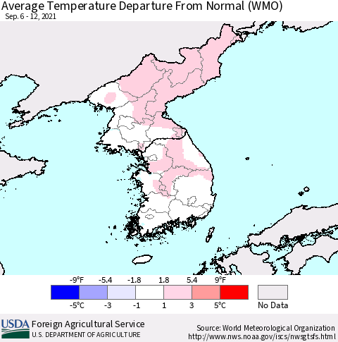 Korea Average Temperature Departure from Normal (WMO) Thematic Map For 9/6/2021 - 9/12/2021