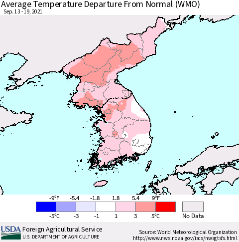 Korea Average Temperature Departure from Normal (WMO) Thematic Map For 9/13/2021 - 9/19/2021