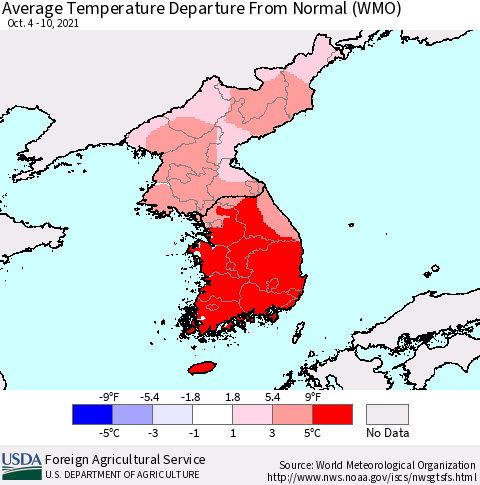 Korea Average Temperature Departure from Normal (WMO) Thematic Map For 10/4/2021 - 10/10/2021