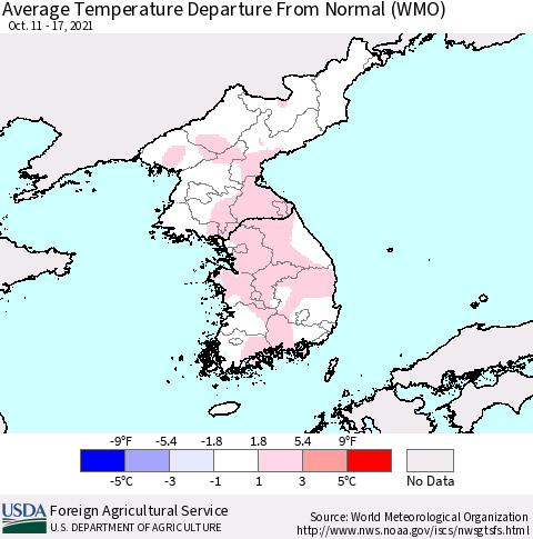 Korea Average Temperature Departure from Normal (WMO) Thematic Map For 10/11/2021 - 10/17/2021