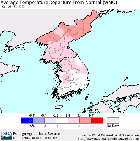 Korea Average Temperature Departure from Normal (WMO) Thematic Map For 10/25/2021 - 10/31/2021