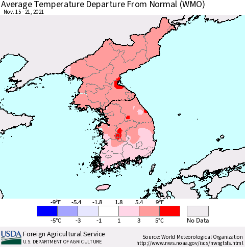 Korea Average Temperature Departure from Normal (WMO) Thematic Map For 11/15/2021 - 11/21/2021