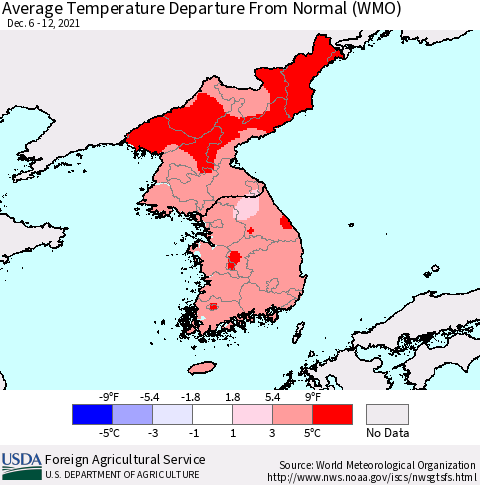 Korea Average Temperature Departure from Normal (WMO) Thematic Map For 12/6/2021 - 12/12/2021