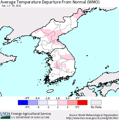 Korea Average Temperature Departure from Normal (WMO) Thematic Map For 12/13/2021 - 12/19/2021