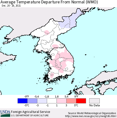 Korea Average Temperature Departure from Normal (WMO) Thematic Map For 12/20/2021 - 12/26/2021