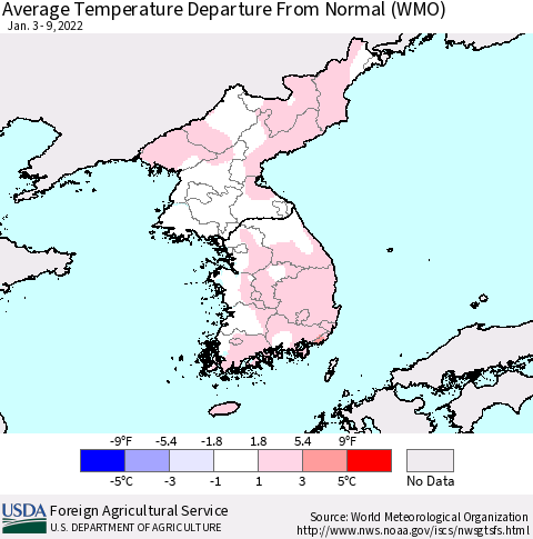 Korea Average Temperature Departure from Normal (WMO) Thematic Map For 1/3/2022 - 1/9/2022