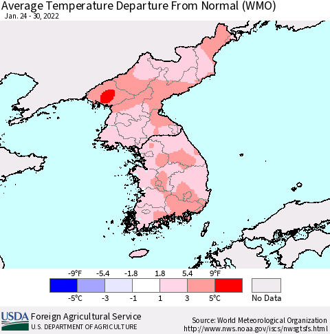 Korea Average Temperature Departure from Normal (WMO) Thematic Map For 1/24/2022 - 1/30/2022