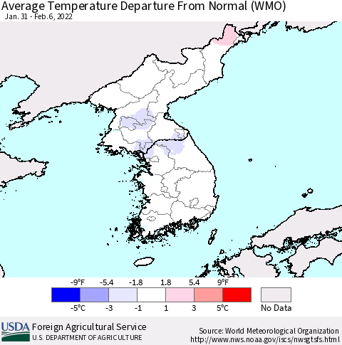 Korea Average Temperature Departure from Normal (WMO) Thematic Map For 1/31/2022 - 2/6/2022