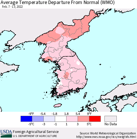 Korea Average Temperature Departure from Normal (WMO) Thematic Map For 2/7/2022 - 2/13/2022