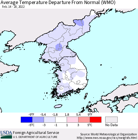 Korea Average Temperature Departure from Normal (WMO) Thematic Map For 2/14/2022 - 2/20/2022
