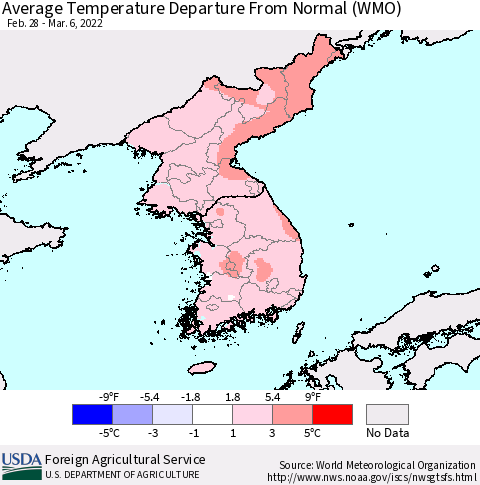 Korea Average Temperature Departure from Normal (WMO) Thematic Map For 2/28/2022 - 3/6/2022