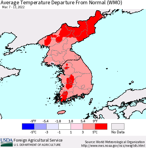 Korea Average Temperature Departure from Normal (WMO) Thematic Map For 3/7/2022 - 3/13/2022