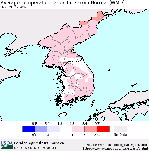 Korea Average Temperature Departure from Normal (WMO) Thematic Map For 3/21/2022 - 3/27/2022