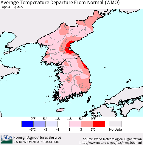Korea Average Temperature Departure from Normal (WMO) Thematic Map For 4/4/2022 - 4/10/2022