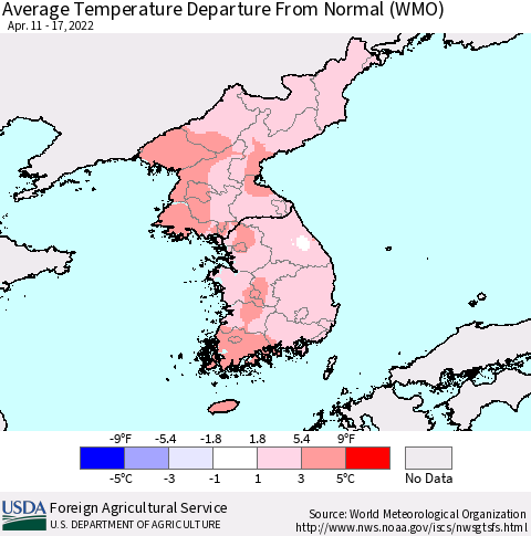 Korea Average Temperature Departure from Normal (WMO) Thematic Map For 4/11/2022 - 4/17/2022