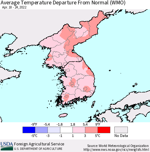 Korea Average Temperature Departure from Normal (WMO) Thematic Map For 4/18/2022 - 4/24/2022