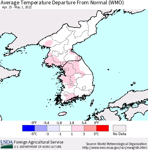 Korea Average Temperature Departure from Normal (WMO) Thematic Map For 4/25/2022 - 5/1/2022