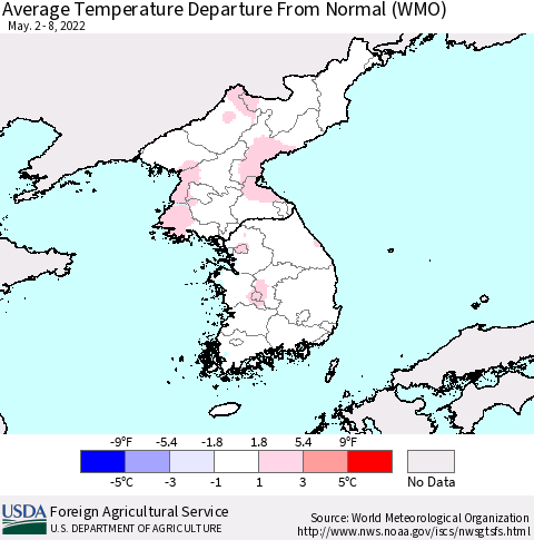 Korea Average Temperature Departure from Normal (WMO) Thematic Map For 5/2/2022 - 5/8/2022