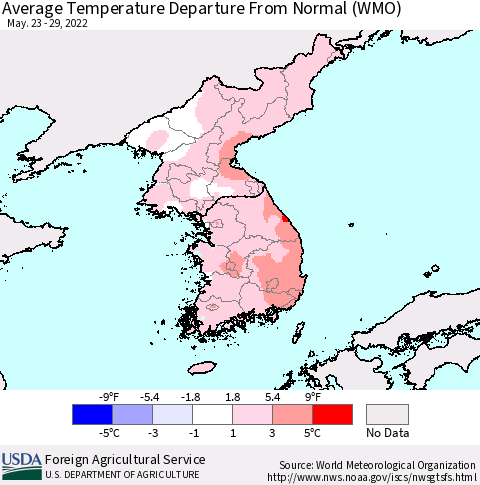 Korea Average Temperature Departure from Normal (WMO) Thematic Map For 5/23/2022 - 5/29/2022