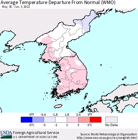 Korea Average Temperature Departure from Normal (WMO) Thematic Map For 5/30/2022 - 6/5/2022