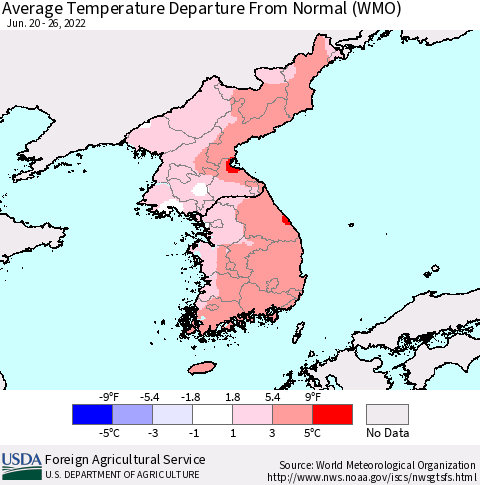 Korea Average Temperature Departure from Normal (WMO) Thematic Map For 6/20/2022 - 6/26/2022