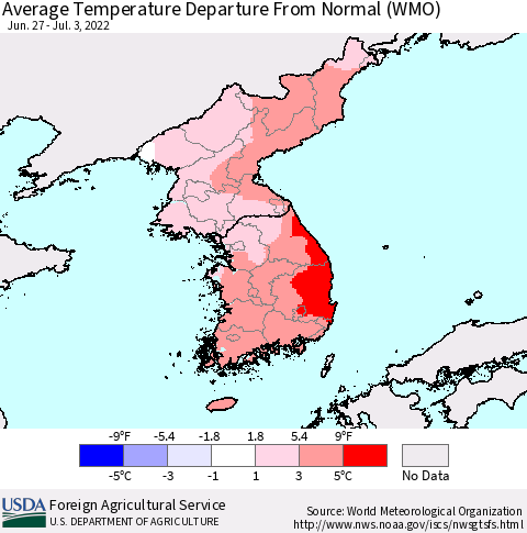 Korea Average Temperature Departure from Normal (WMO) Thematic Map For 6/27/2022 - 7/3/2022