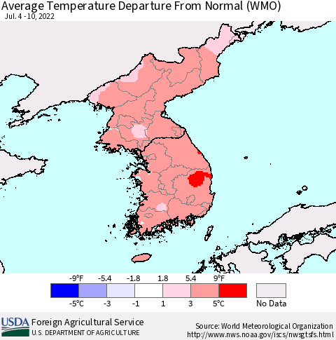 Korea Average Temperature Departure from Normal (WMO) Thematic Map For 7/4/2022 - 7/10/2022
