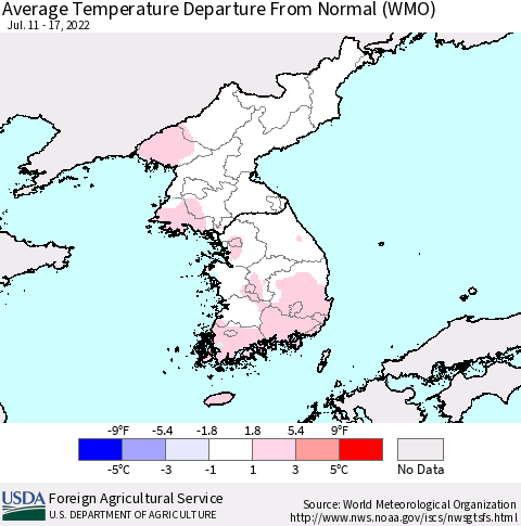 Korea Average Temperature Departure from Normal (WMO) Thematic Map For 7/11/2022 - 7/17/2022
