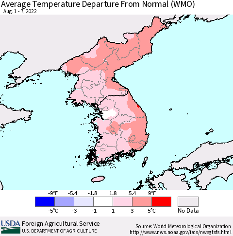 Korea Average Temperature Departure from Normal (WMO) Thematic Map For 8/1/2022 - 8/7/2022