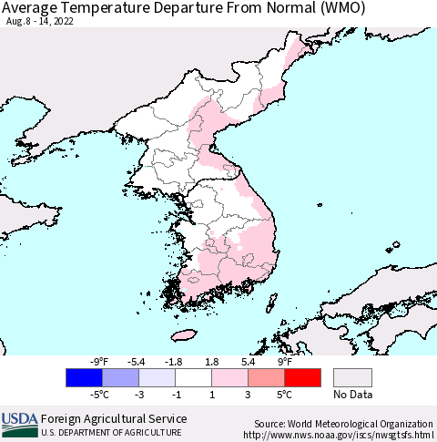Korea Average Temperature Departure from Normal (WMO) Thematic Map For 8/8/2022 - 8/14/2022
