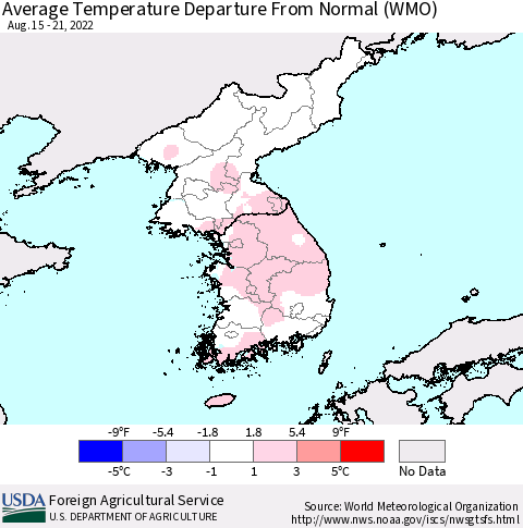 Korea Average Temperature Departure from Normal (WMO) Thematic Map For 8/15/2022 - 8/21/2022