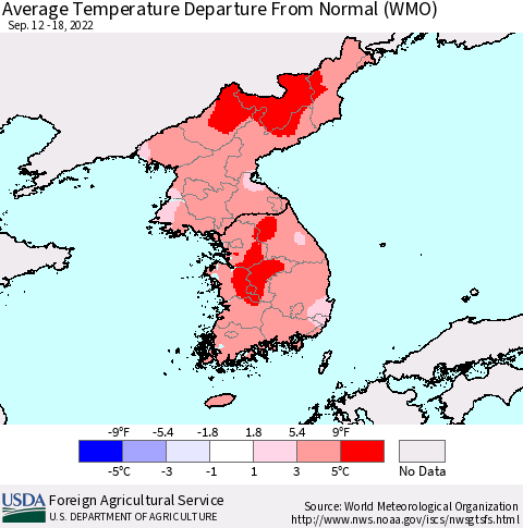 Korea Average Temperature Departure from Normal (WMO) Thematic Map For 9/12/2022 - 9/18/2022