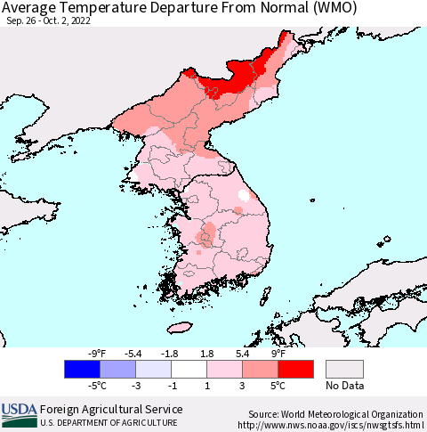 Korea Average Temperature Departure from Normal (WMO) Thematic Map For 9/26/2022 - 10/2/2022