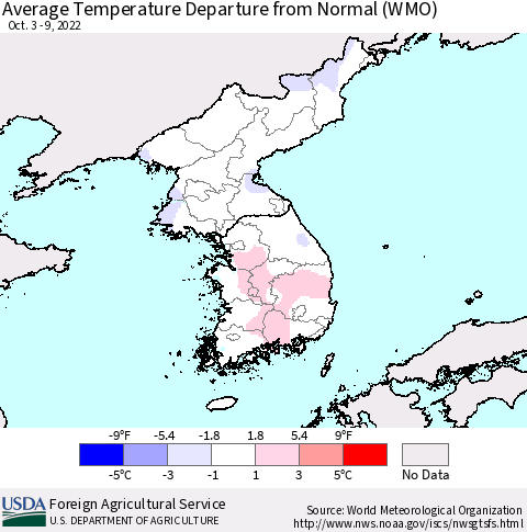 Korea Average Temperature Departure from Normal (WMO) Thematic Map For 10/3/2022 - 10/9/2022