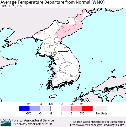 Korea Average Temperature Departure from Normal (WMO) Thematic Map For 10/17/2022 - 10/23/2022