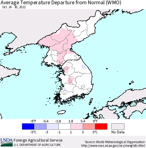 Korea Average Temperature Departure from Normal (WMO) Thematic Map For 10/24/2022 - 10/30/2022