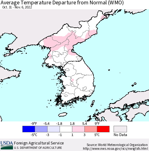 Korea Average Temperature Departure from Normal (WMO) Thematic Map For 10/31/2022 - 11/6/2022