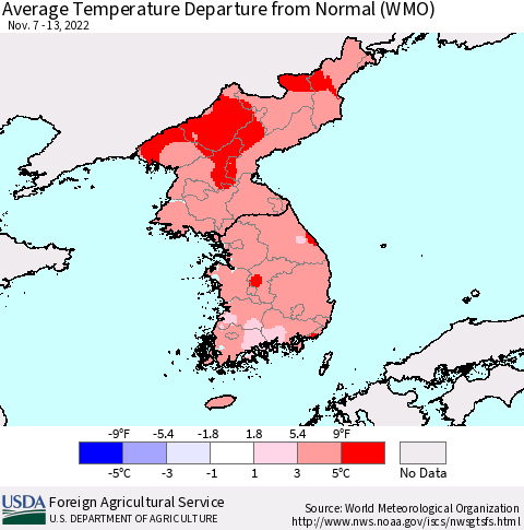 Korea Average Temperature Departure from Normal (WMO) Thematic Map For 11/7/2022 - 11/13/2022