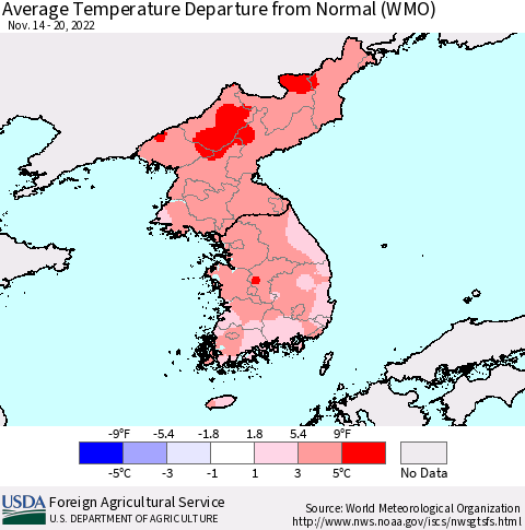 Korea Average Temperature Departure from Normal (WMO) Thematic Map For 11/14/2022 - 11/20/2022