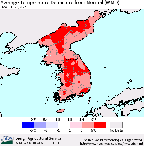 Korea Average Temperature Departure from Normal (WMO) Thematic Map For 11/21/2022 - 11/27/2022