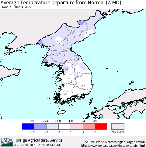 Korea Average Temperature Departure from Normal (WMO) Thematic Map For 11/28/2022 - 12/4/2022