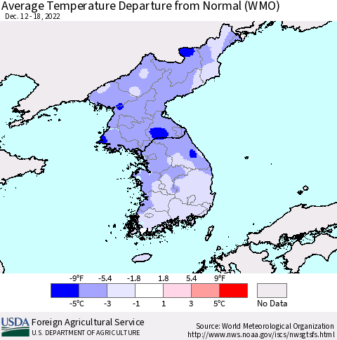 Korea Average Temperature Departure from Normal (WMO) Thematic Map For 12/12/2022 - 12/18/2022