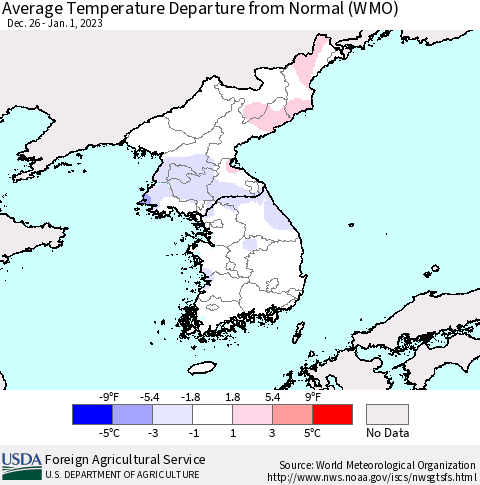 Korea Average Temperature Departure from Normal (WMO) Thematic Map For 12/26/2022 - 1/1/2023